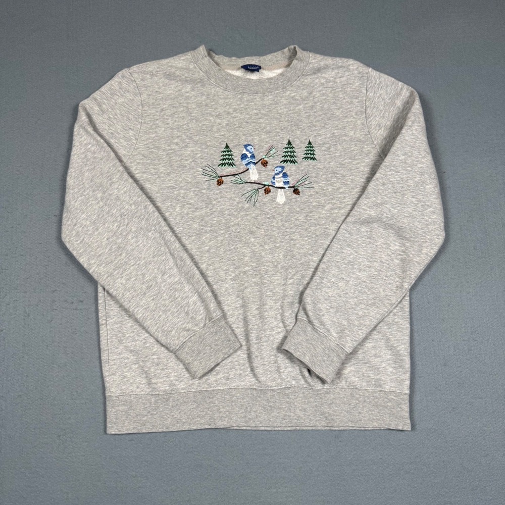 Basic Editions Sweatshirt Women Small Gray Embroidered Blue Jays Pine Trees Bird